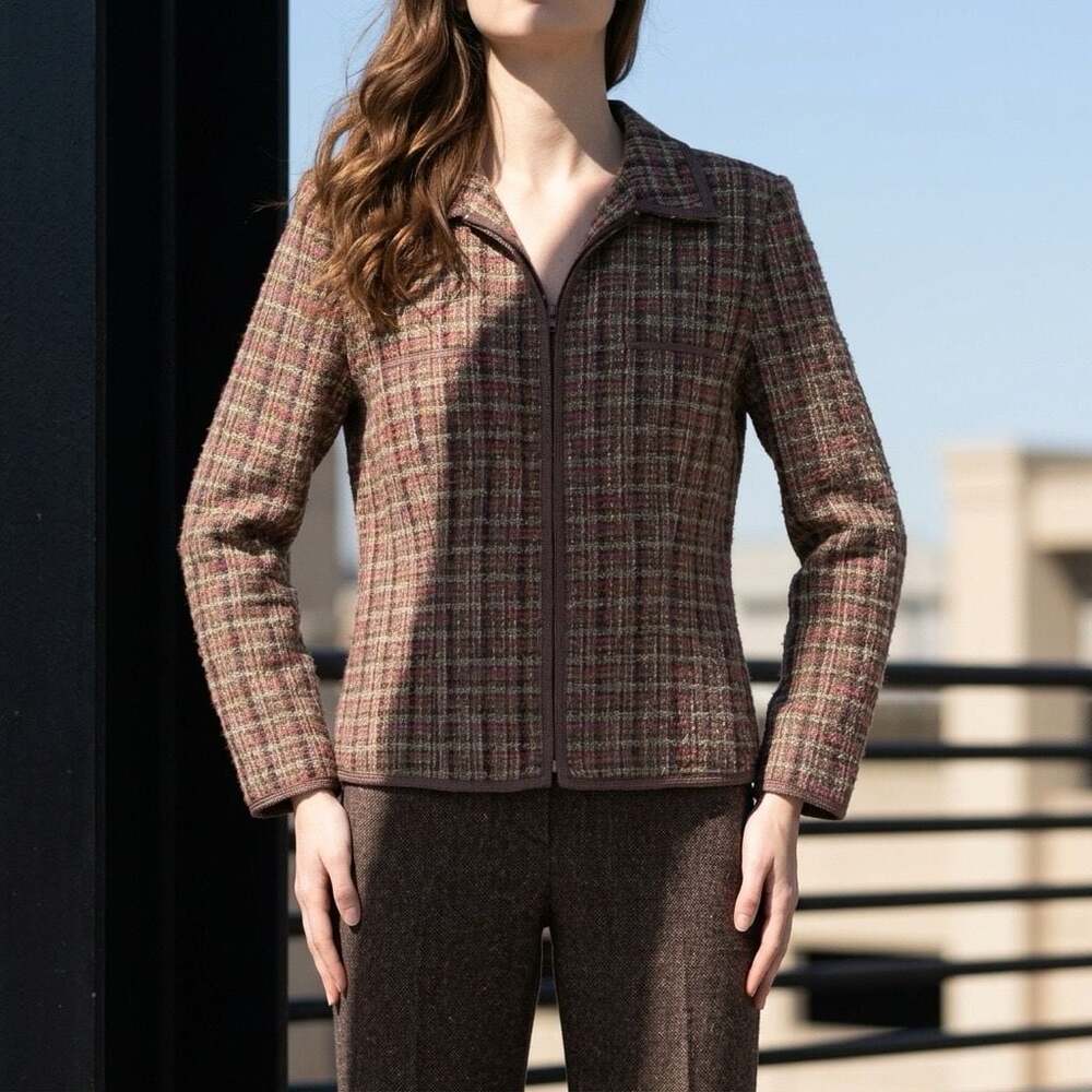 Sag Harbor Tweed Zip-Front Jacket Brown Multi Size 14